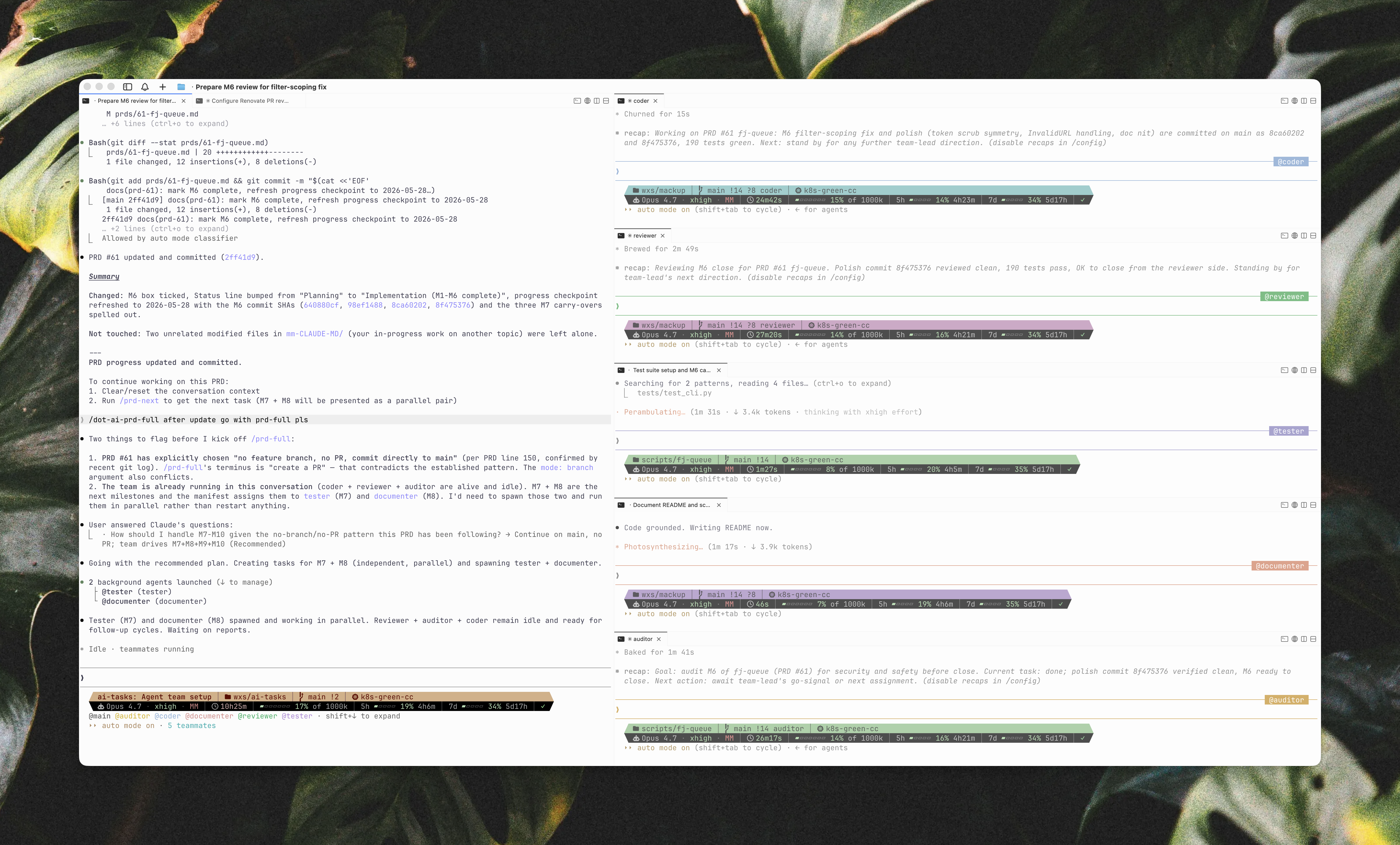 A Claude Code orchestrator session on the left driving five colored teammate panes on the right