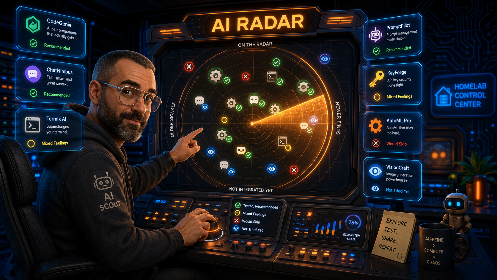 AI Scout monitoring a radar console with AI tool blips tagged by status