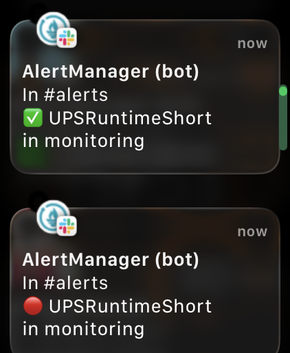 Apple Watch showing two stacked real-alert notifications with the emoji-only compact headline