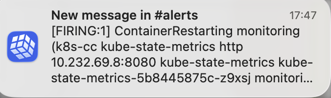 Old macOS notification showing raw Prometheus labels and internal IPs