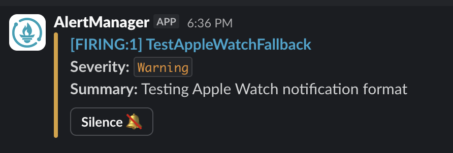 Alert in Slack app with full rich formatting, severity badge, and action buttons