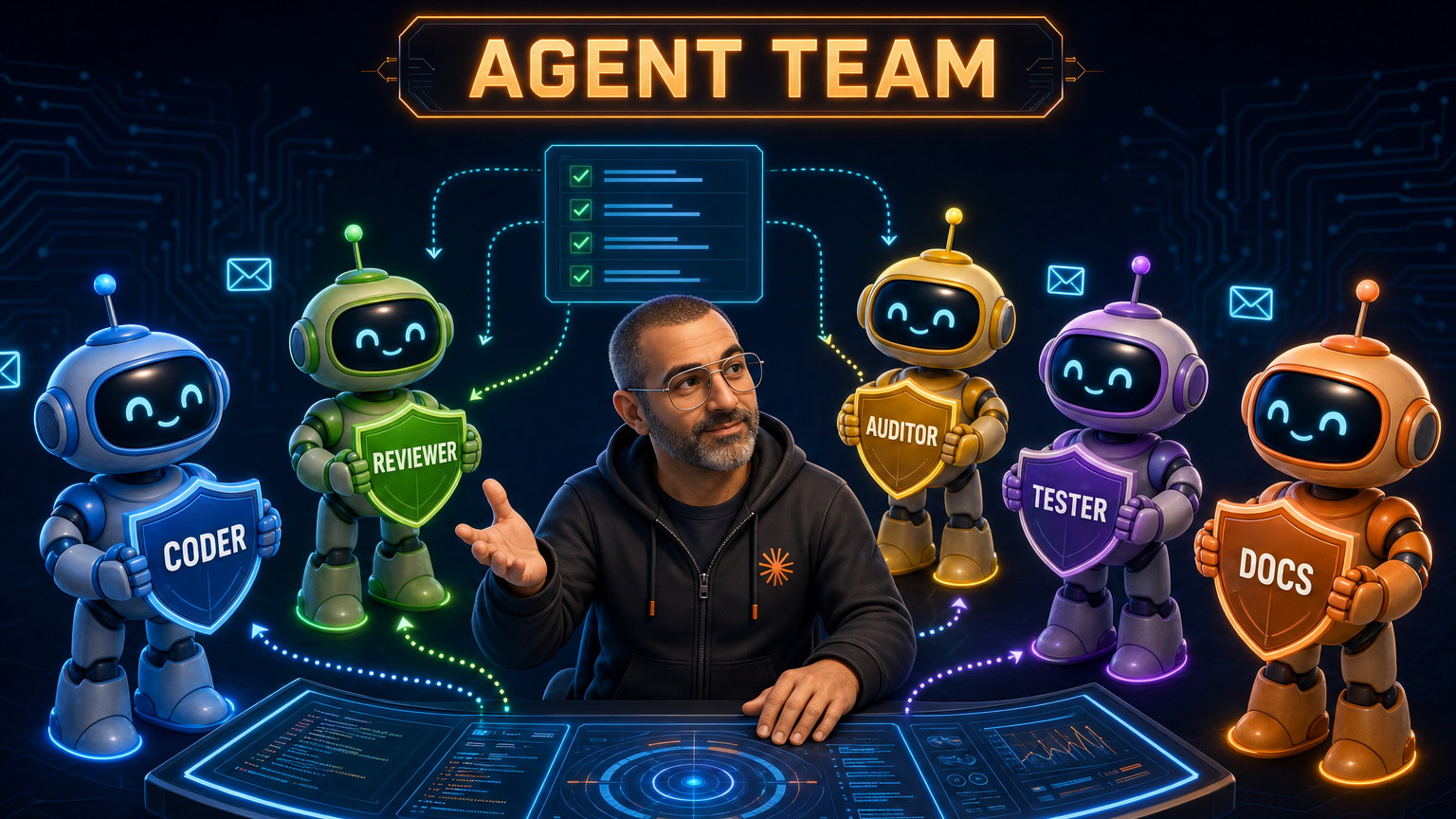 A cartoon illustration of a developer at a control console flanked by five colored robot teammates each carrying a shield labeled with its role: CODER, REVIEWER, AUDITOR, TESTER, DOCS