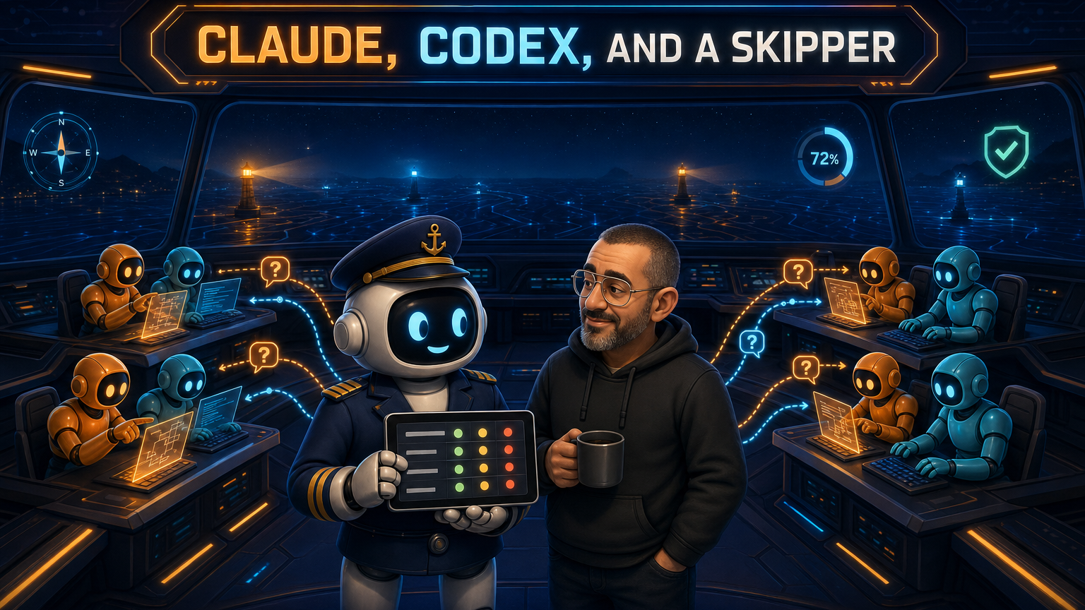 A robot ship captain holding a status tablet stands next to me on a night-time ship bridge, while pairs of orange and blue robots work at consoles and send question bubbles toward the captain