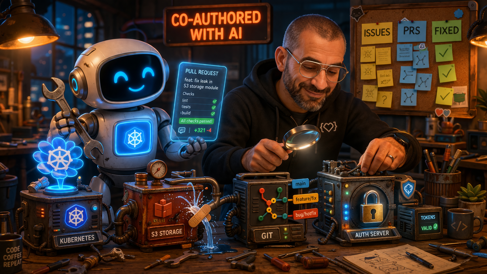 A robot and engineer repairing quirky open-source project machines at a workshop bench, under a CO-AUTHORED WITH AI sign