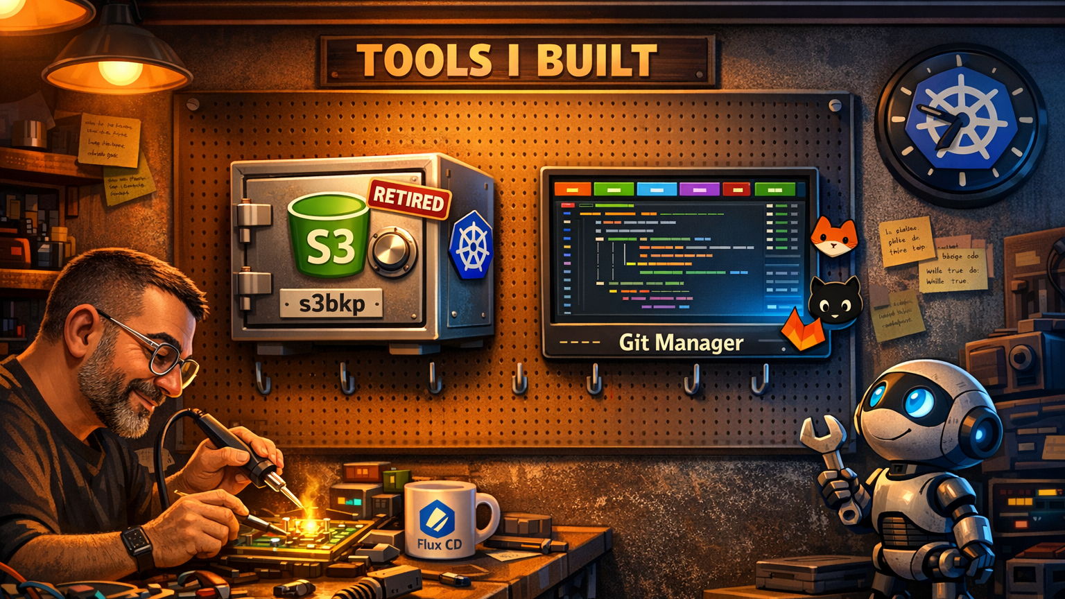 Workshop with pegboard showing custom-built tools: s3bkp vault (retired) and Git Manager TUI, with a robot assistant