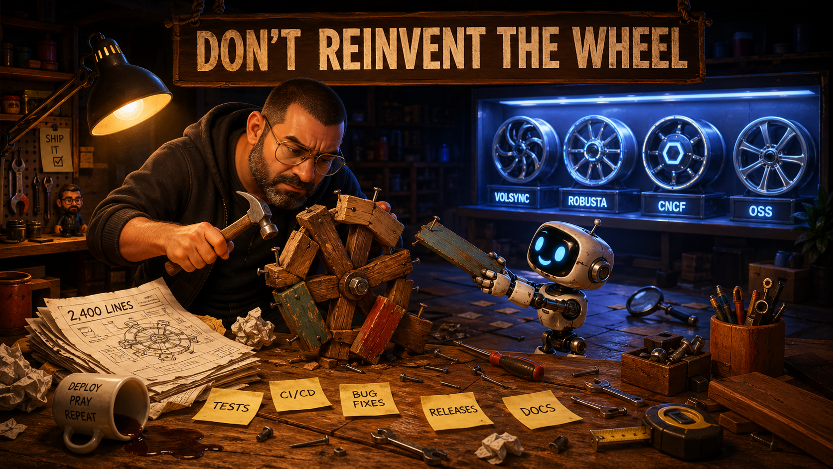 Author hammering together a clunky wooden wheel in a workshop while a shelf of polished wheels labeled VolSync, Robusta, CNCF, OSS glows in the background; sticky notes on the bench read tests, CI/CD, bug fixes, releases, docs