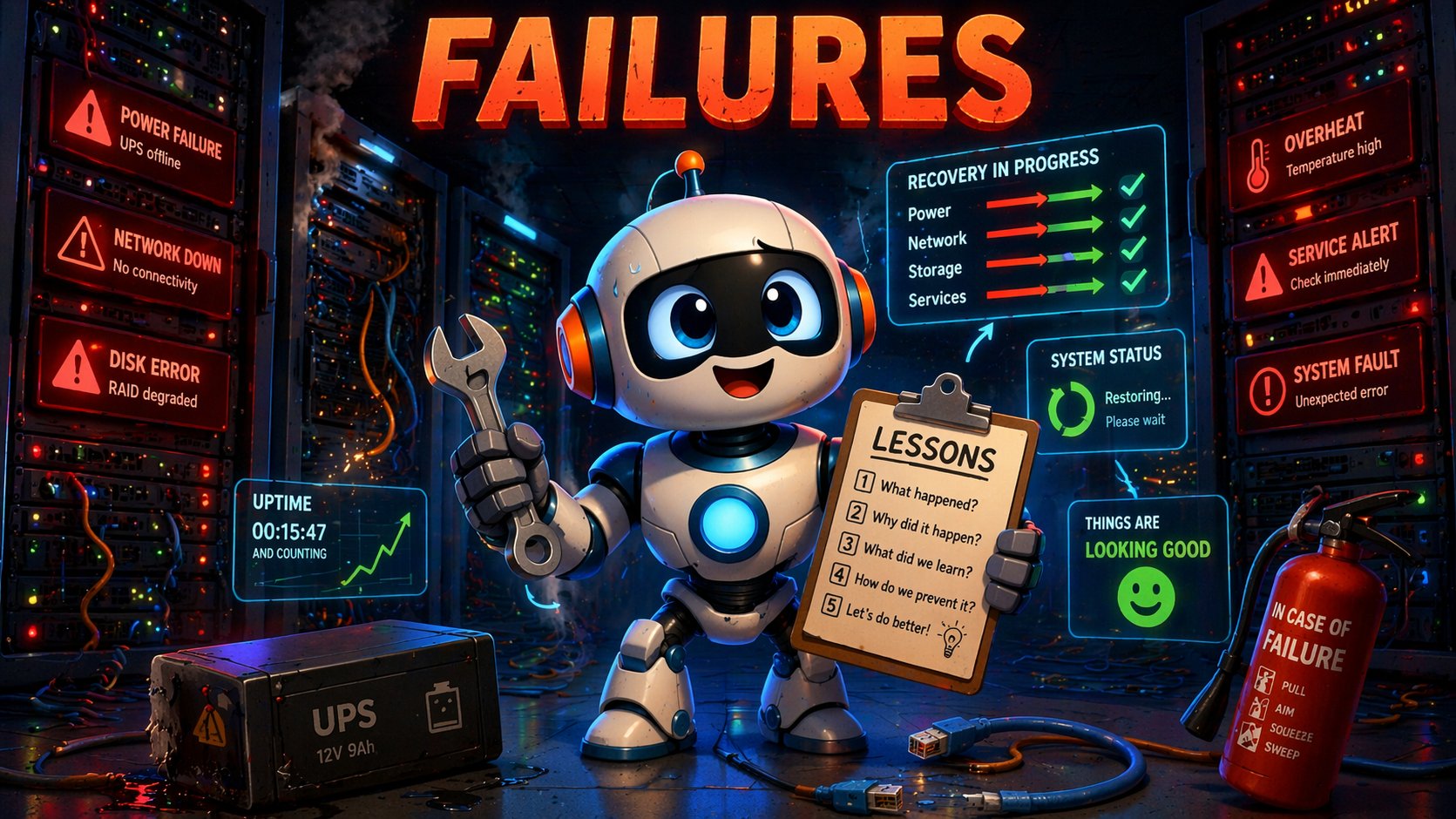 A cartoon robot in a server room surrounded by flashing warnings, holding a clipboard and wrench, ready to recover