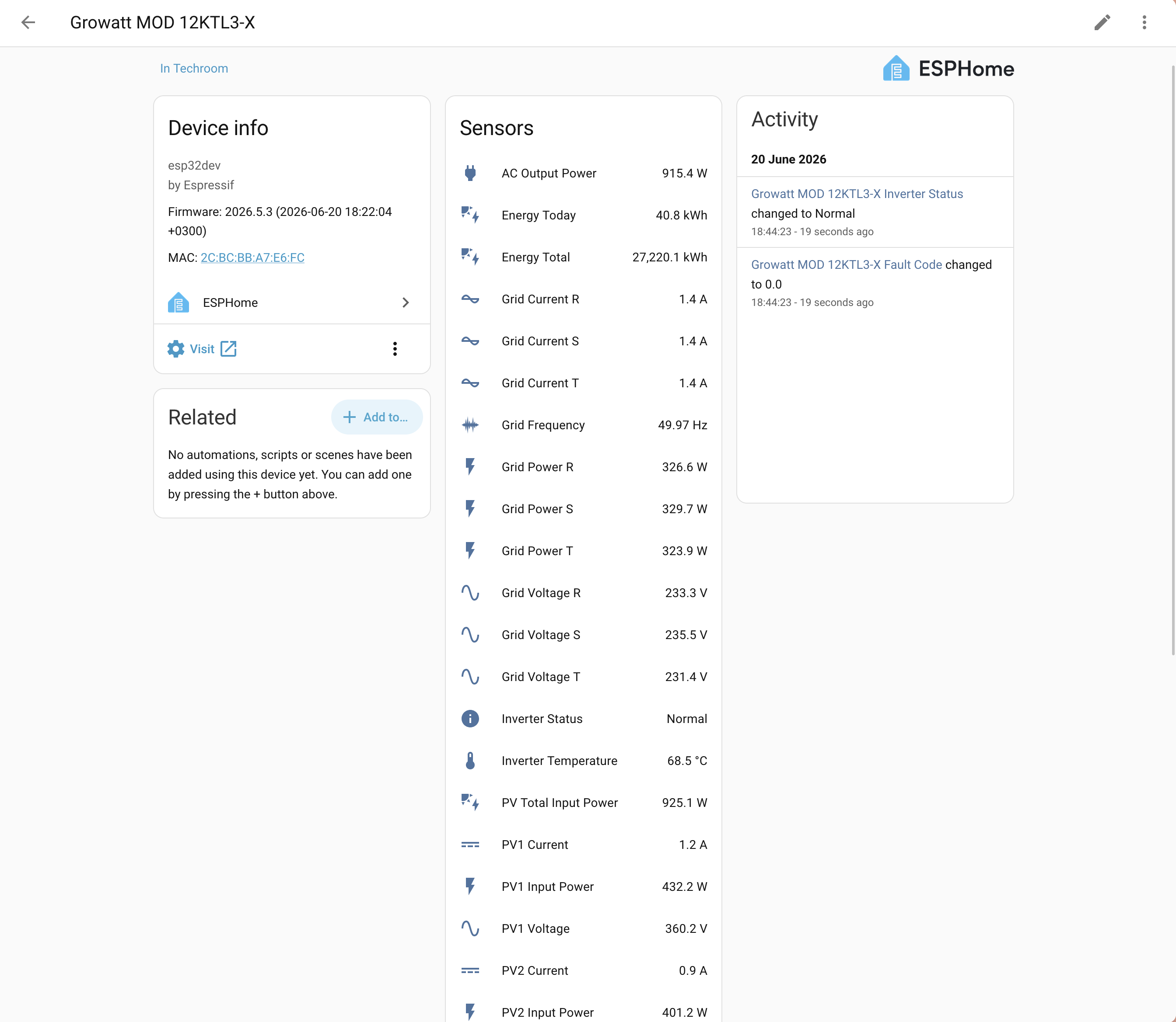 Home Assistant device page for the Growatt MOD 12KTL3-X showing the ESPHome integration and all sensor entities: AC output power, per-string PV, three-phase voltage/current/power, energy, and temperatures, with an activity log showing inverter status normal