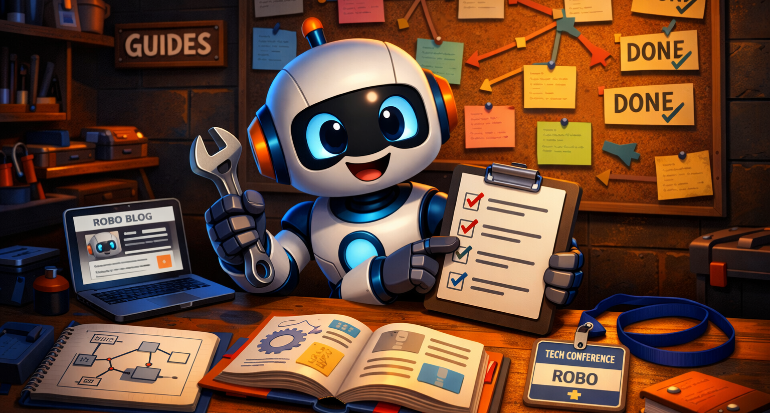 Guides section hero - robot at a workshop table with checklists and guidebooks