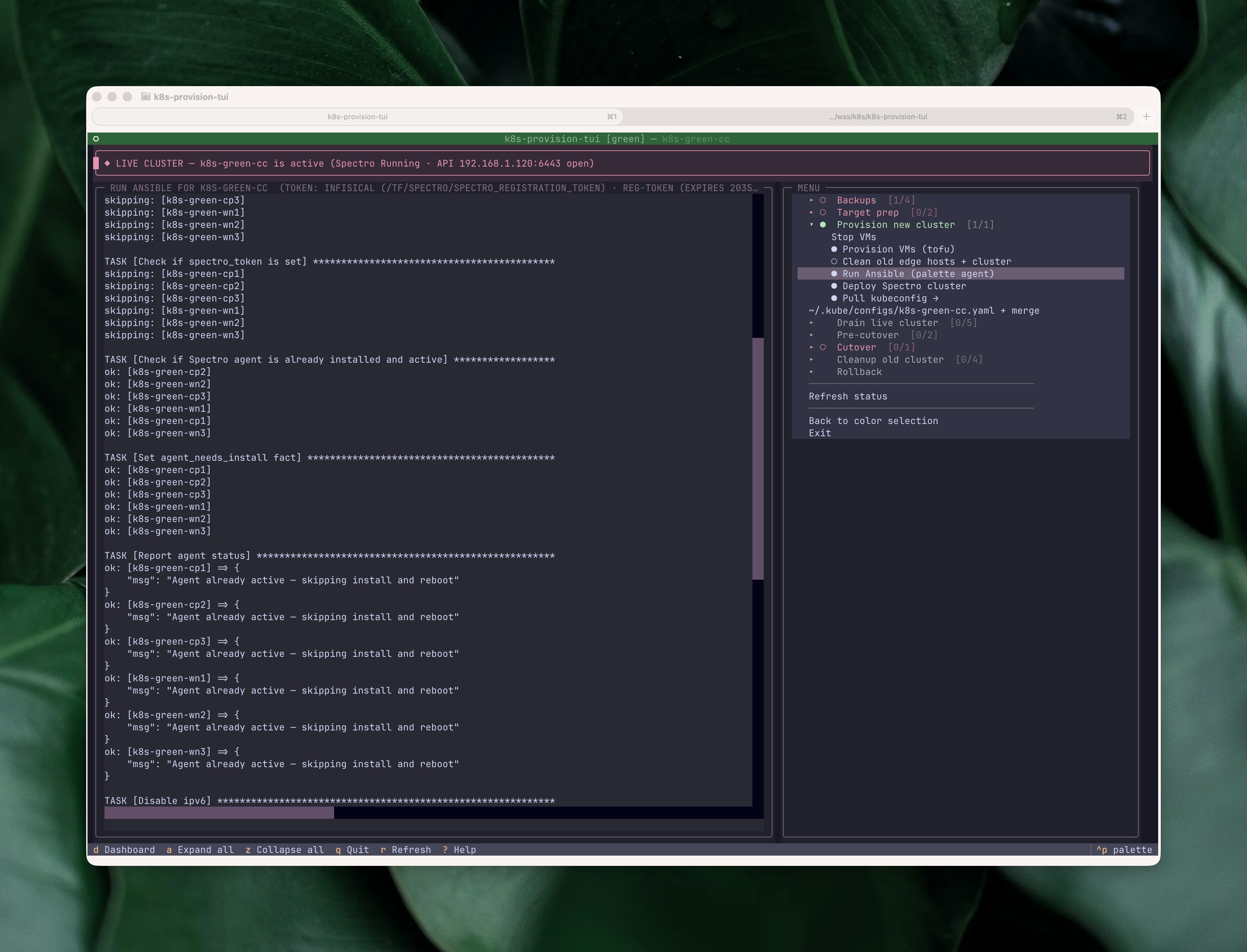 Ansible playbook output streaming live into the dashboard CommandLog pane while the TUI menu stays visible around it