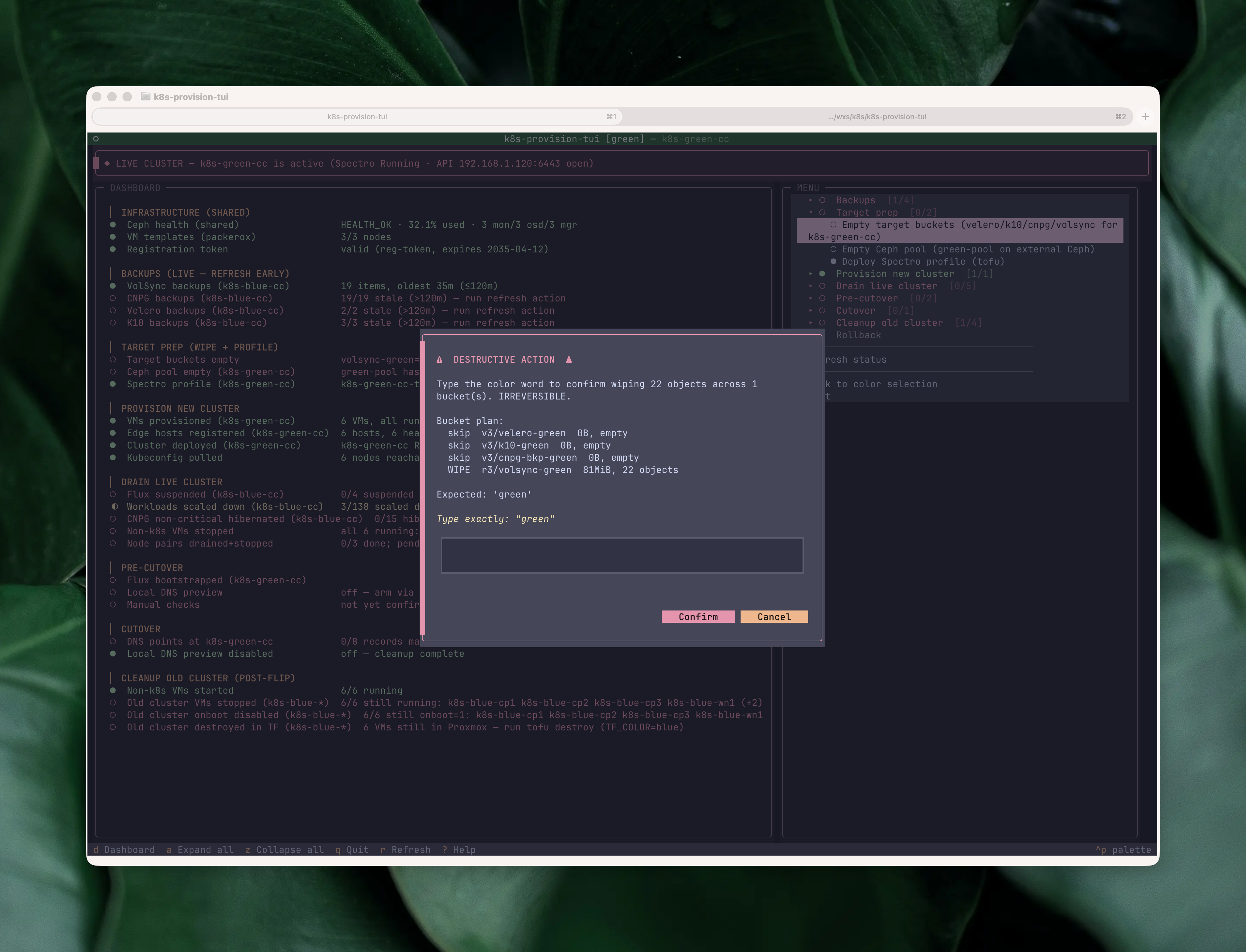 Bucket cleanup action streaming output: per-bucket rm commands, their results, and a summary of objects wiped