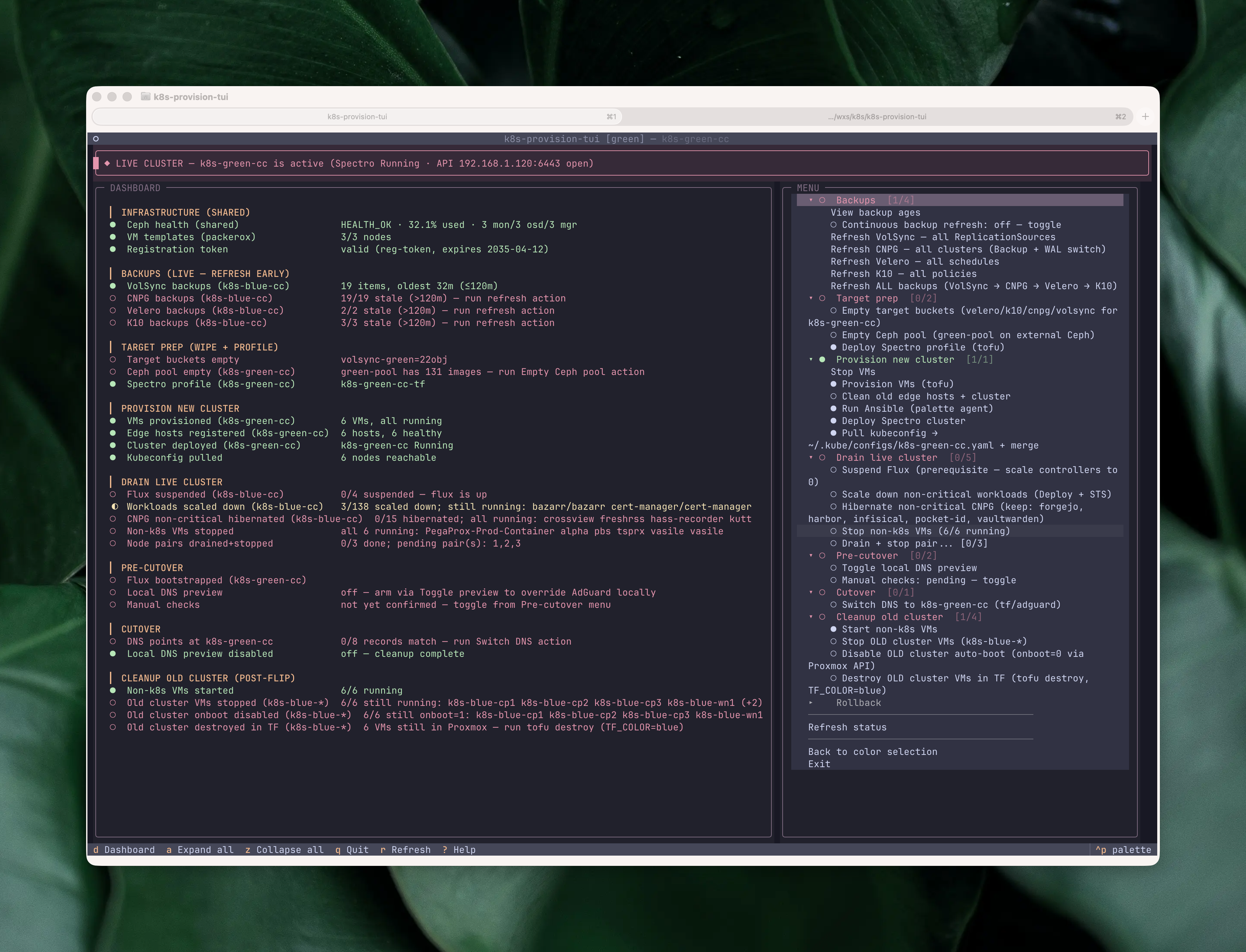 Accordion menu with Setup, Pre-cutover, Backups, Drain, and Cutover phases expanded, each action labeled with a live status glyph and a short summary