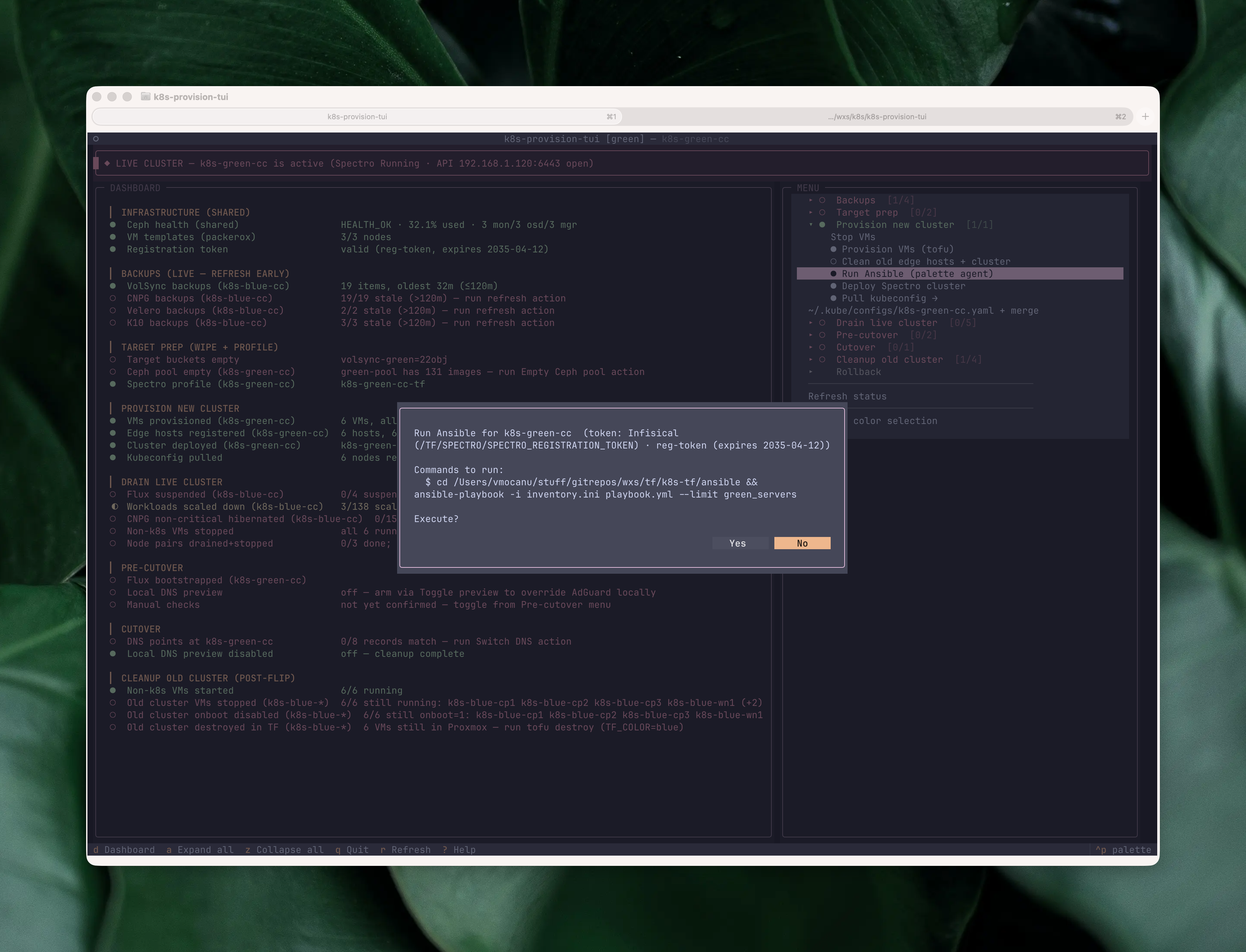 Preview modal for 'Run Ansible' showing the full command chain that will execute, with Yes/No buttons