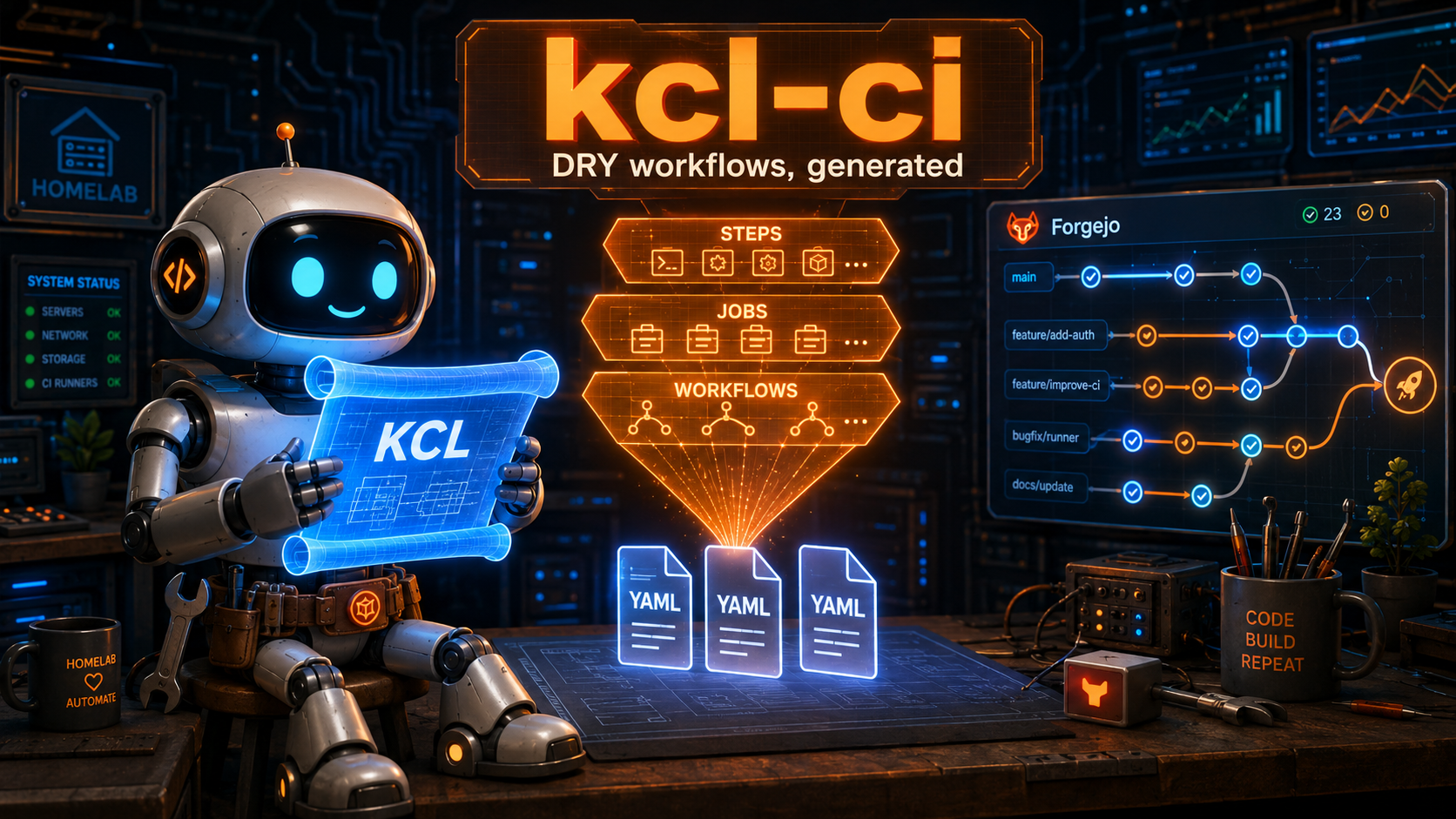 A friendly cartoon robot in a homelab control room holding a glowing KCL blueprint scroll that fans out into STEPS, JOBS, and WORKFLOWS layers, condensing into YAML documents, with a Forgejo pipeline graph showing expansion on the right