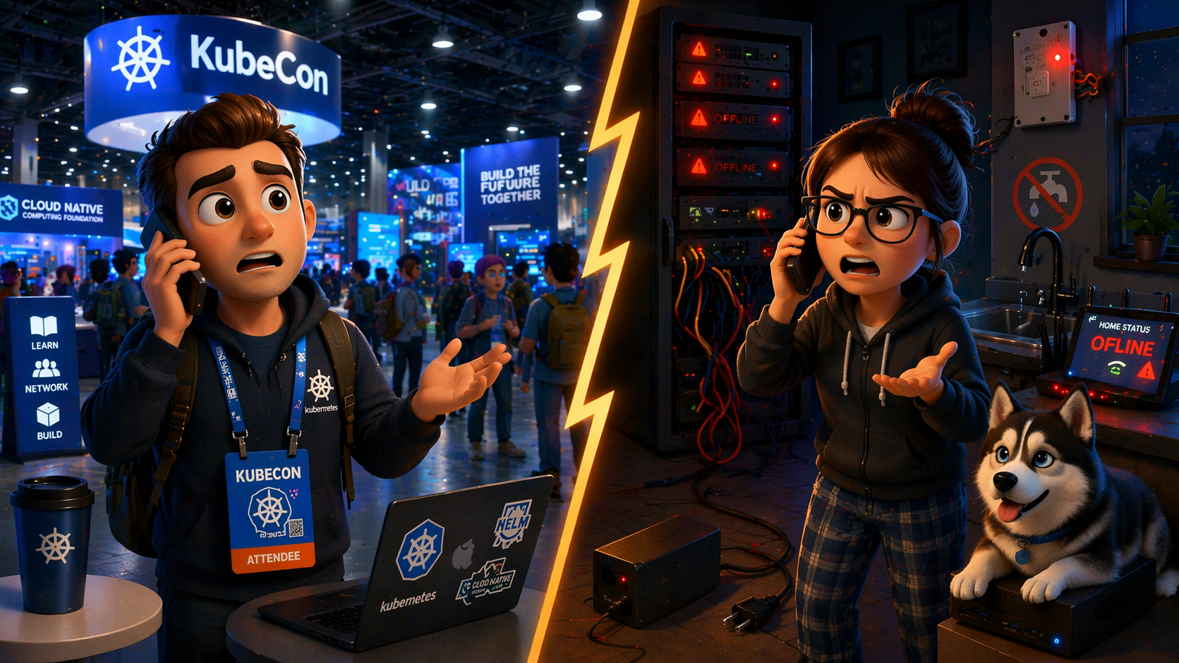 Split scene: a man at KubeCon on the phone looking worried, while at home everything is offline and his wife is frustrated