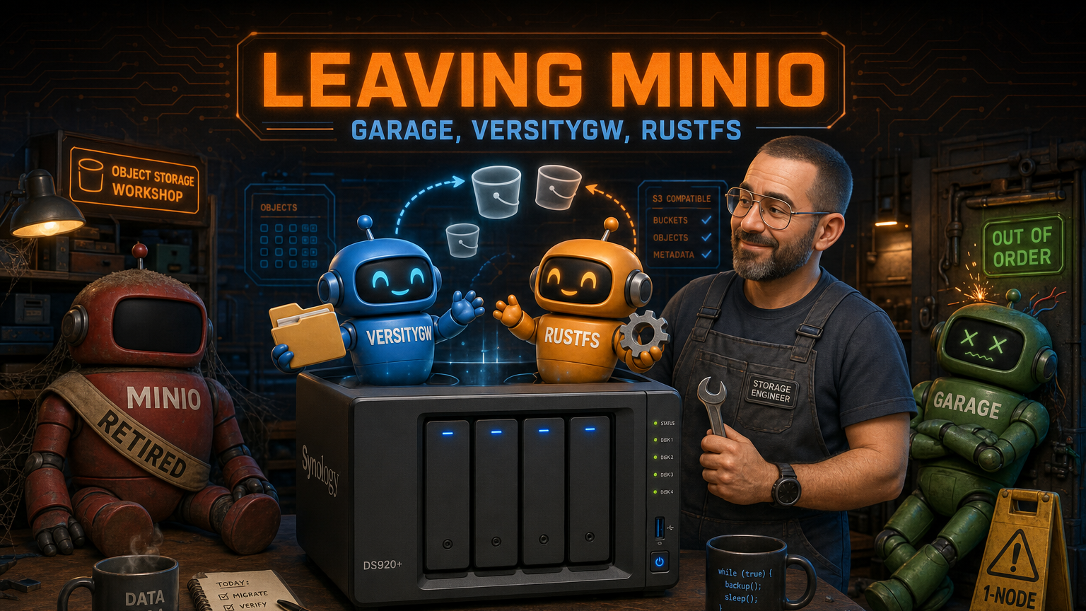 Workshop scene with a Synology NAS centerpiece, two friendly cartoon storage robots labelled VersityGW and RustFS emerging from it, a retired MinIO robot on the left, an out-of-order Garage robot on the right, and the operator at the workbench