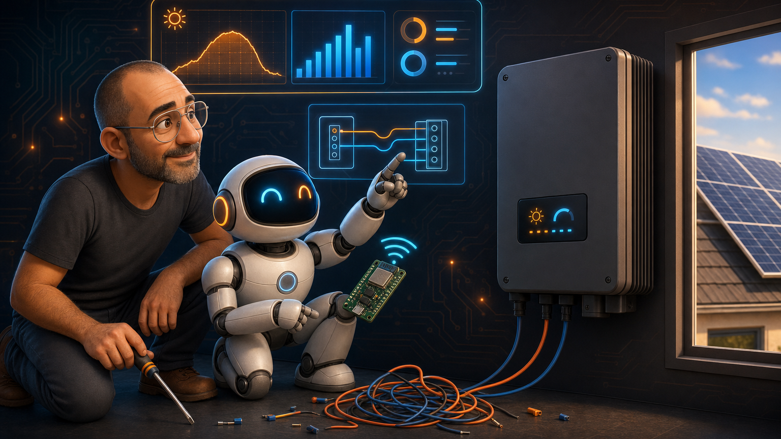 A cartoon illustration of a man with a screwdriver and a friendly robot wiring an ESP32 board into a solar inverter, with a holographic monitoring dashboard above and rooftop solar panels through a window