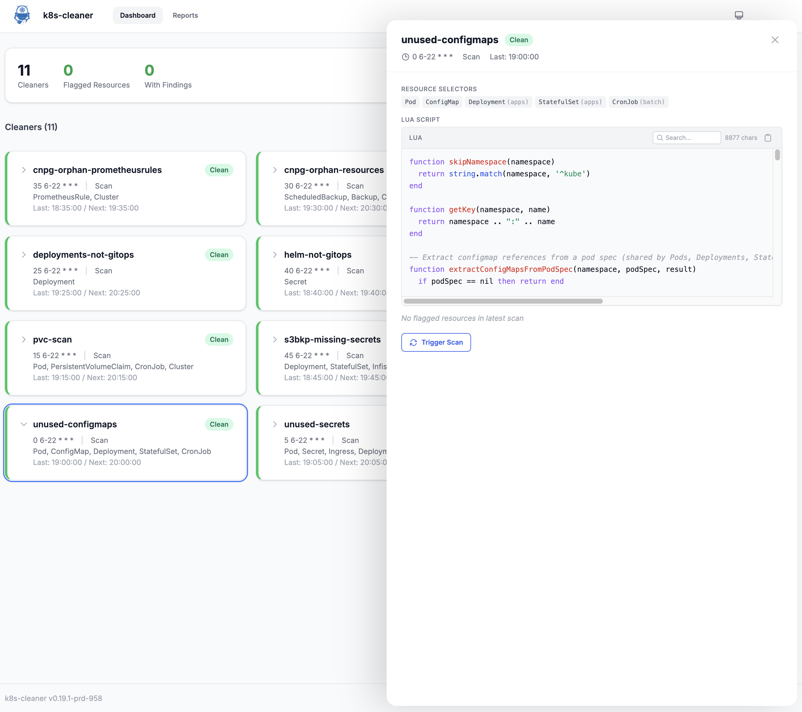 k8s-cleaner web dashboard showing scan results, cleaner cards with Lua scripts, and trigger buttons