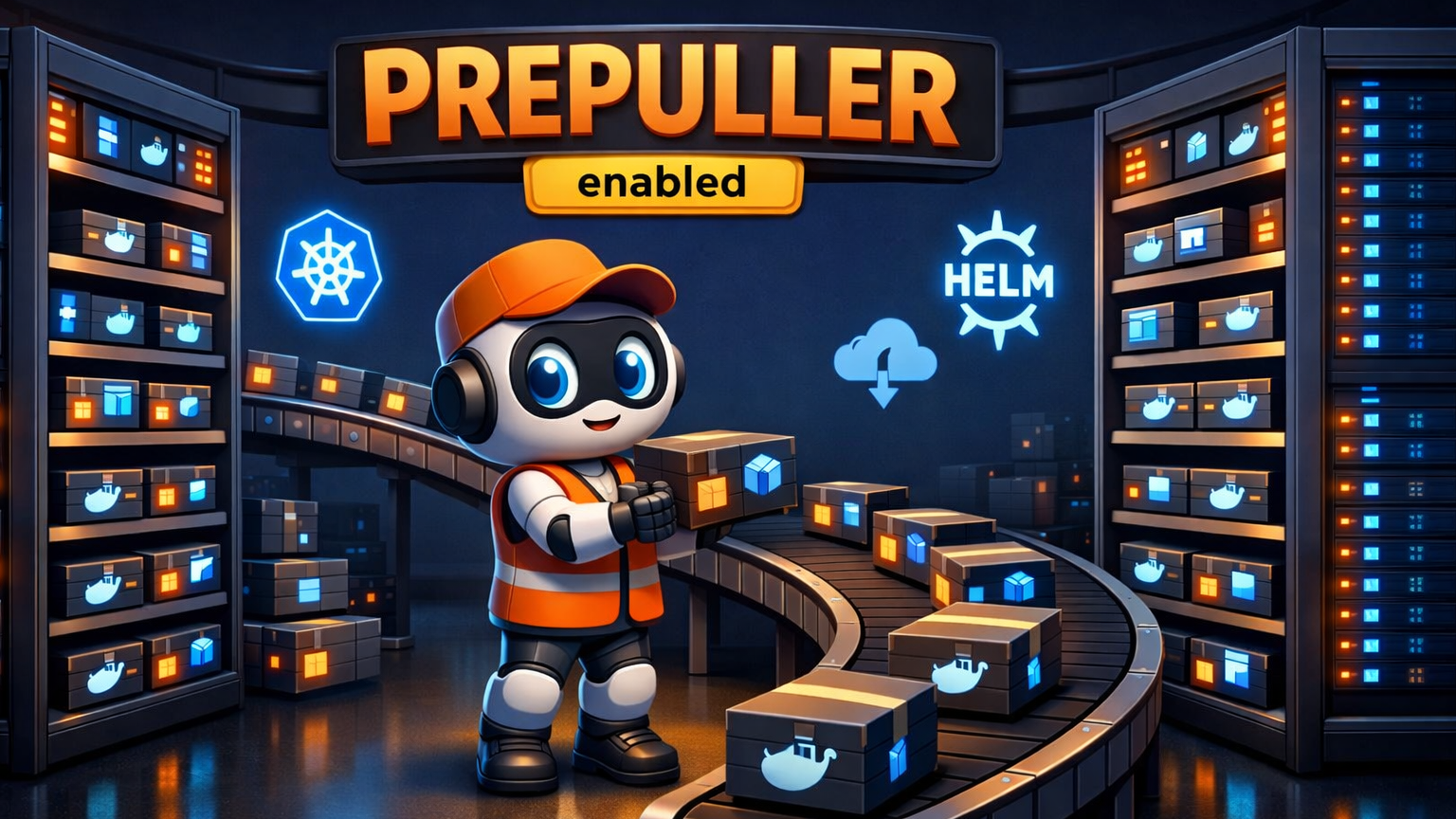 A cartoon robot in a warehouse standing on a conveyor-belt floor, handling container-image boxes between server racks, with a glowing PREPULLER enabled label overhead