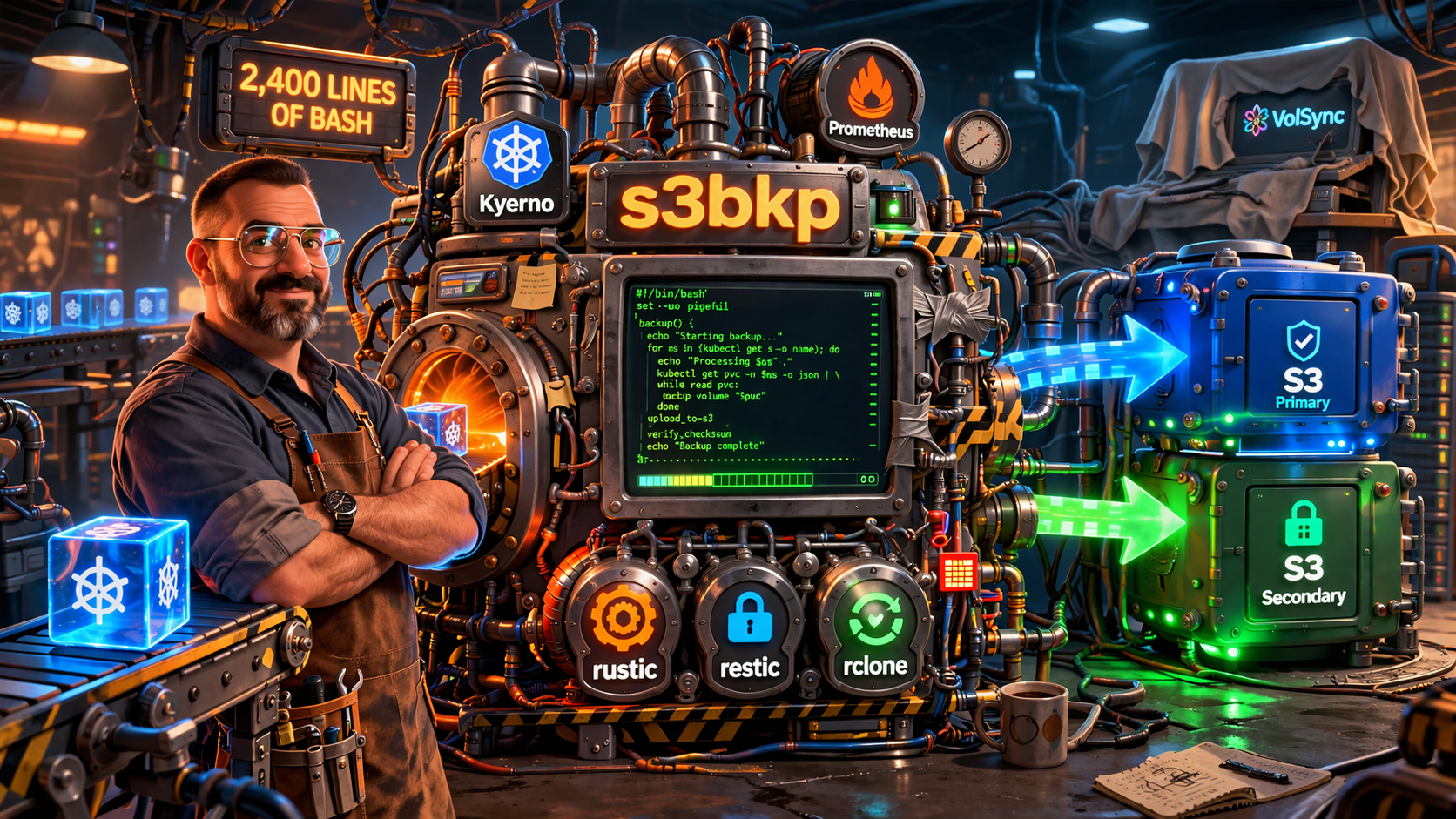 Over-engineered bash machine labeled s3bkp with Kyverno, rustic, restic, rclone engines and blue/green S3 vaults