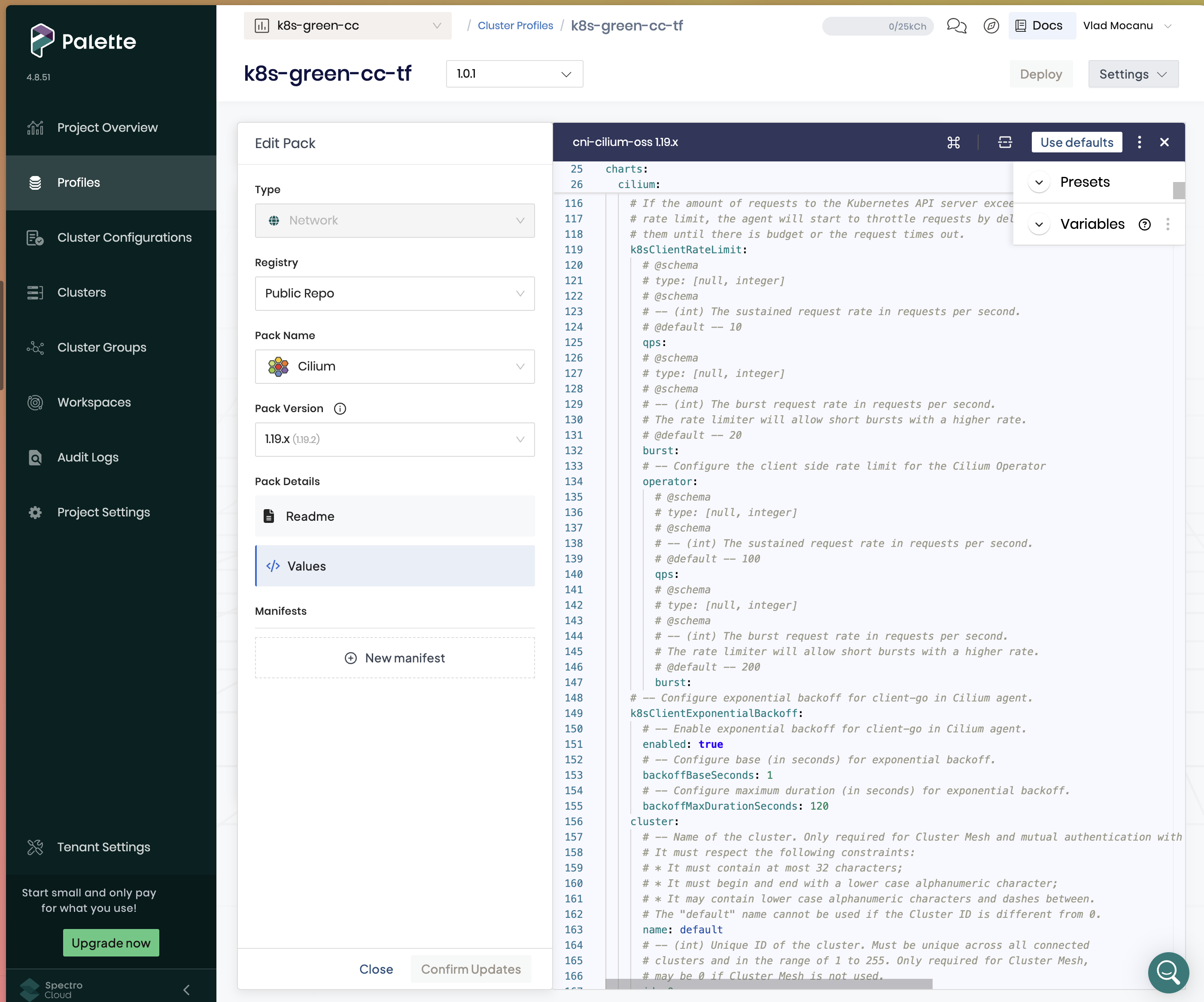 Palette Edit Pack UI for cni-cilium-oss 1.19.x showing the pack metadata on the left (Network type, Public Repo registry, Cilium pack name, 1.19.x version, Readme / Values / Manifests nav) and the raw Helm chart values YAML editor on the right with a Use defaults button and Presets / Variables toggles