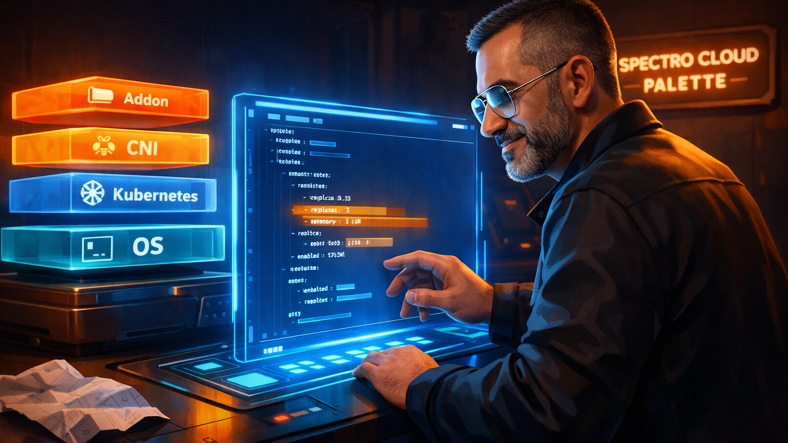 Dark workshop scene with a middle-aged operator in silver aviator glasses focused on a large blue holographic YAML values editor, a stack of four colored slabs (Addon, CNI, Kubernetes, OS) glowing amber on the left, and a SPECTRO CLOUD PALETTE sign on the wall in the upper right