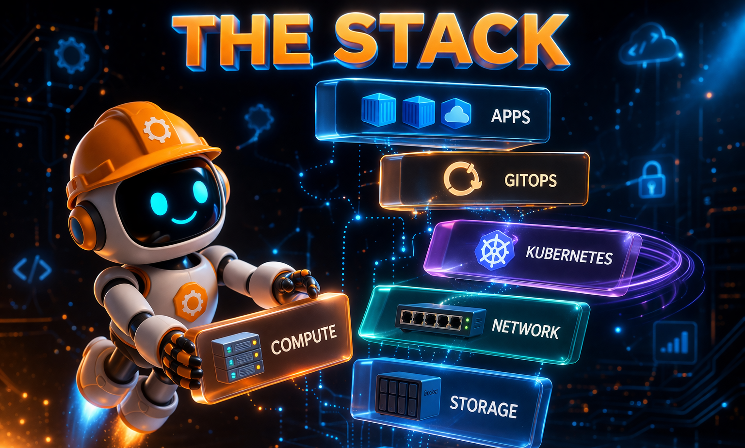 A friendly robot arranging floating glass slabs representing the layers of the homelab stack
