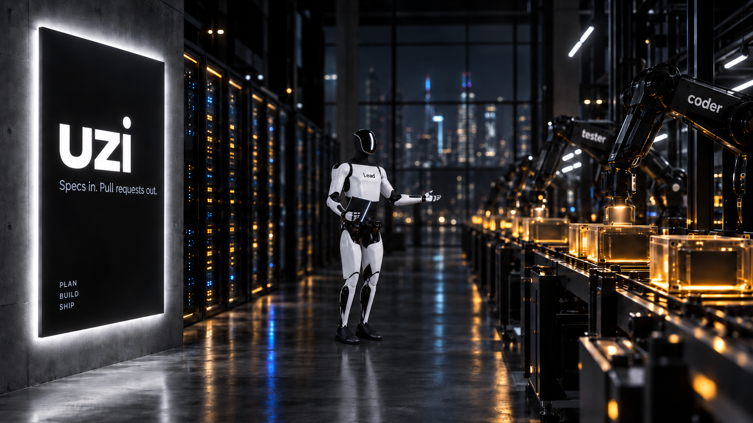A dark factory corridor: a white-backlit uzi sign reading 'Specs in. Pull requests out.', a white humanoid robot labelled 'Lead' overseeing the floor with a tablet, and a conveyor of robotic arms assembling glowing amber code crates past a night skyline