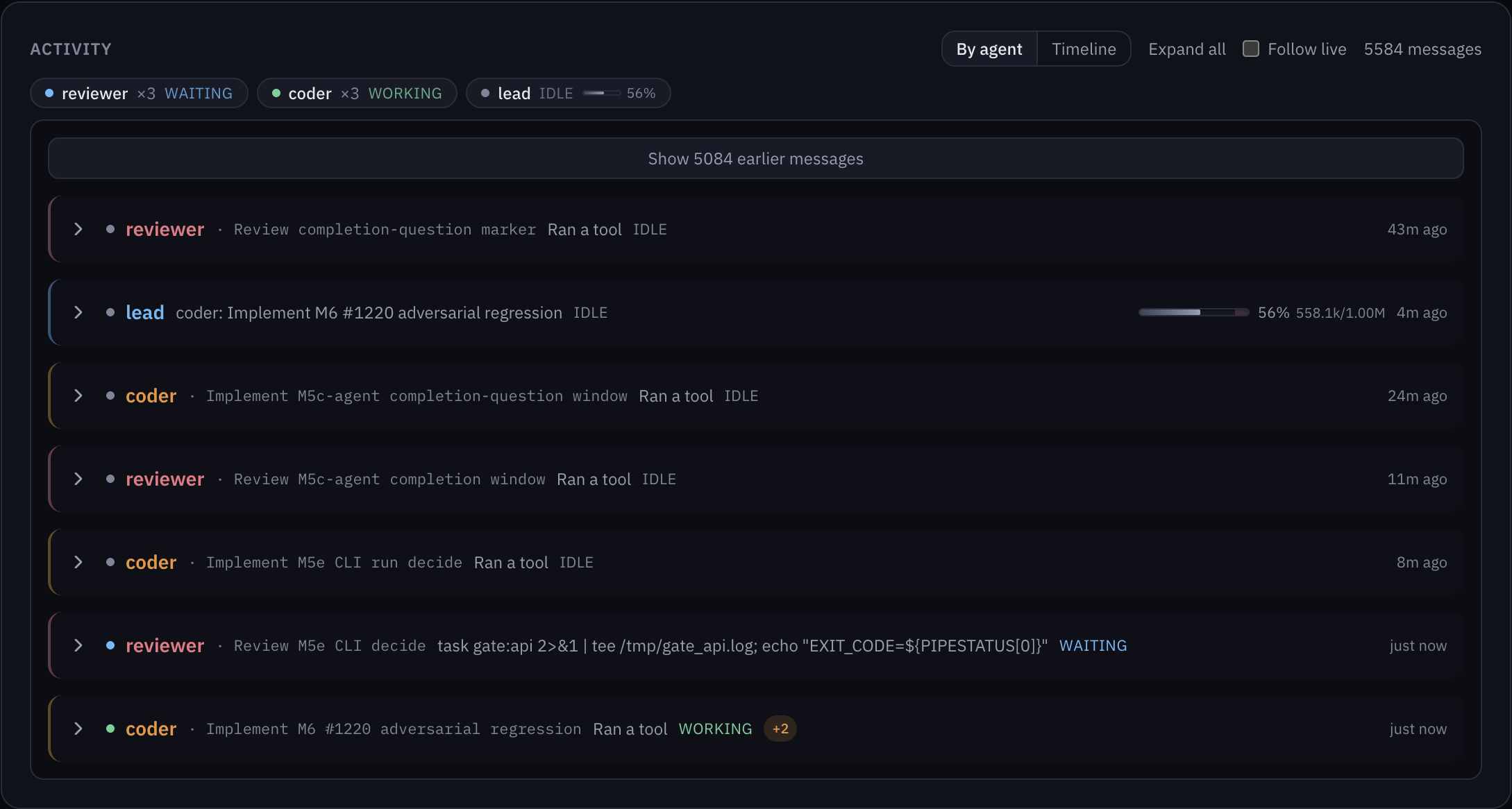 The run activity feed grouped by agent: worker, reviewer, lead, fact-checker, architect, coder, and auditor, each with its current step and milestone