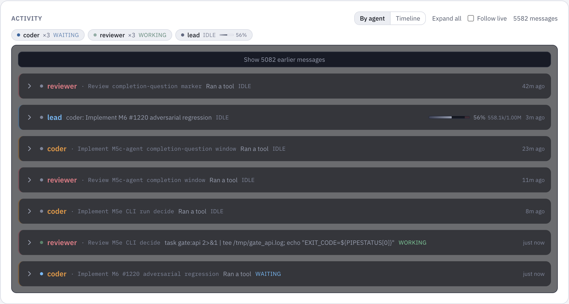 The run activity feed grouped by agent: worker, reviewer, lead, fact-checker, architect, coder, and auditor, each with its current step and milestone