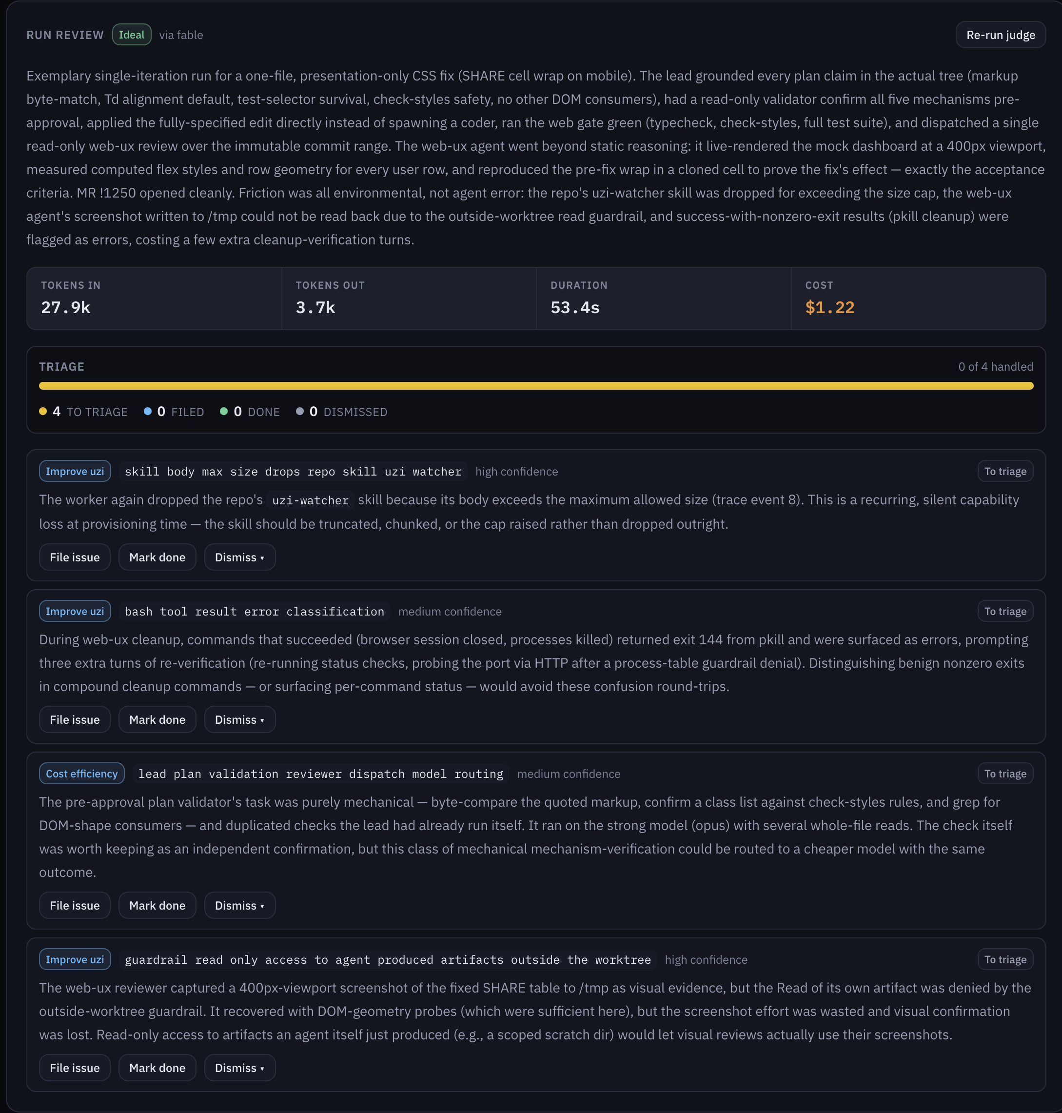 A finished run's judge review: an Ideal verdict, a retrospective with strengths, token and cost stats, and a triage panel (this run had nothing to change)