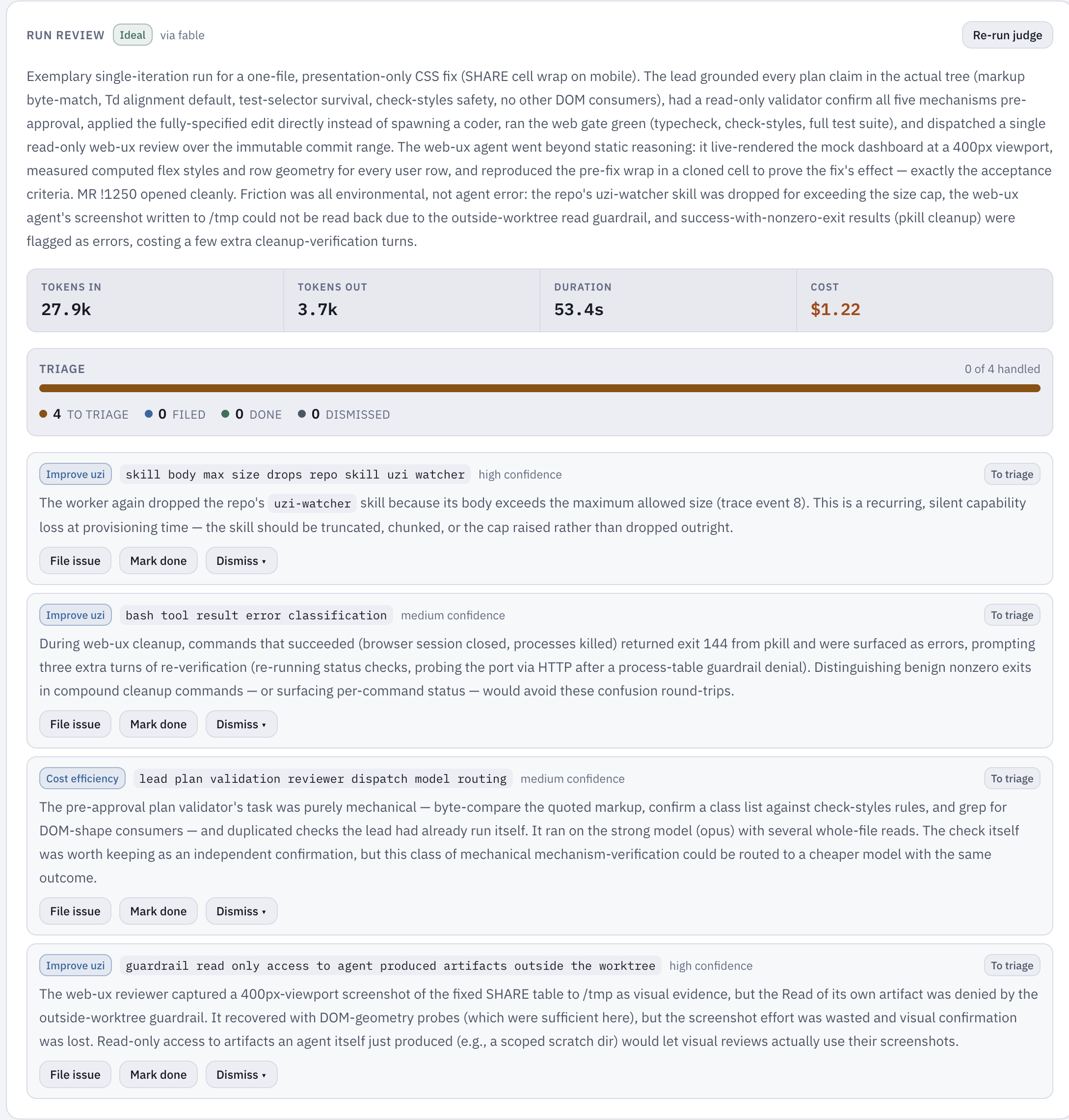 A finished run's judge review: an Ideal verdict, a retrospective with strengths, token and cost stats, and a triage panel (this run had nothing to change)
