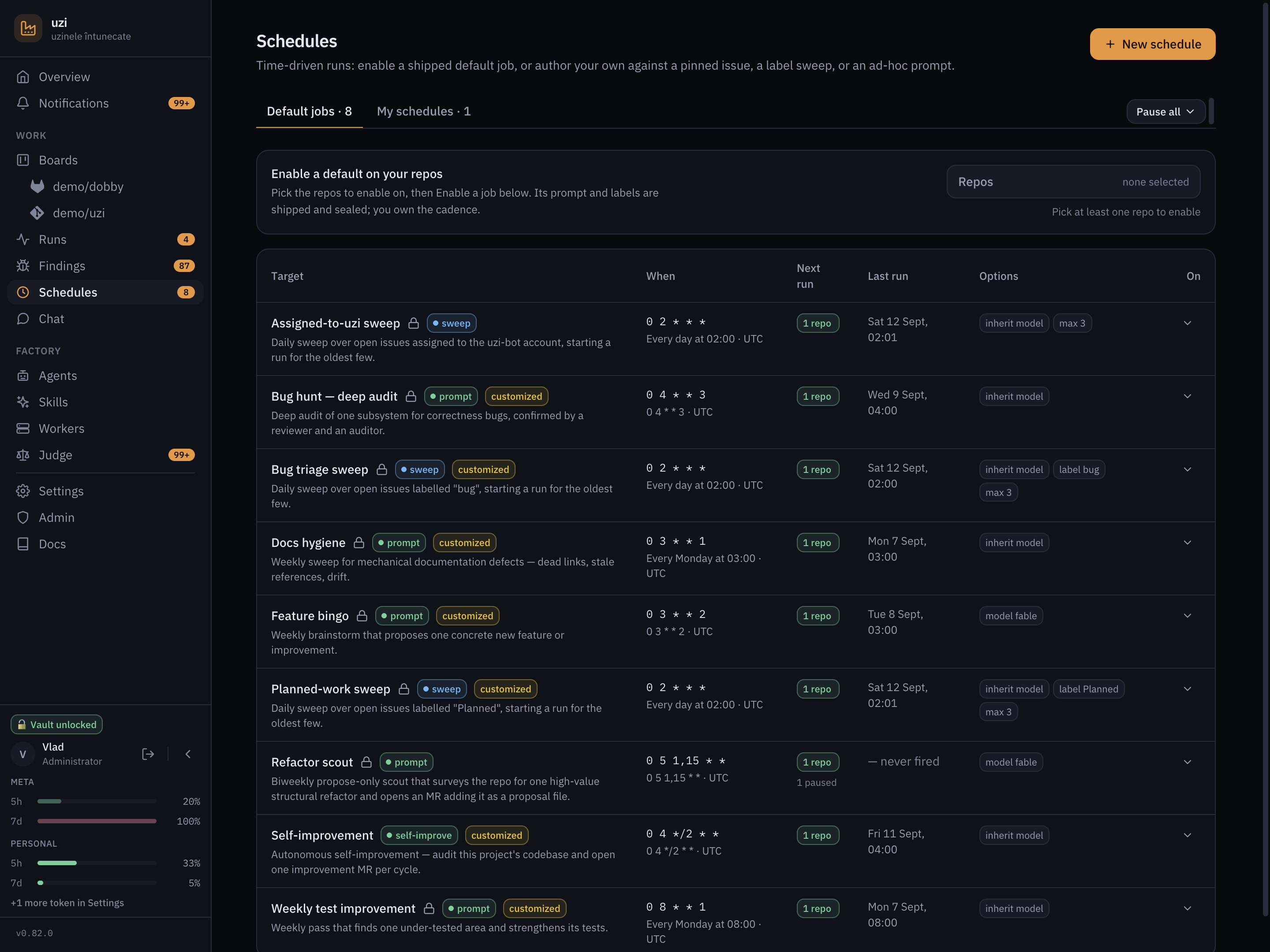 The schedules page, showing the standing automations including feature bingo