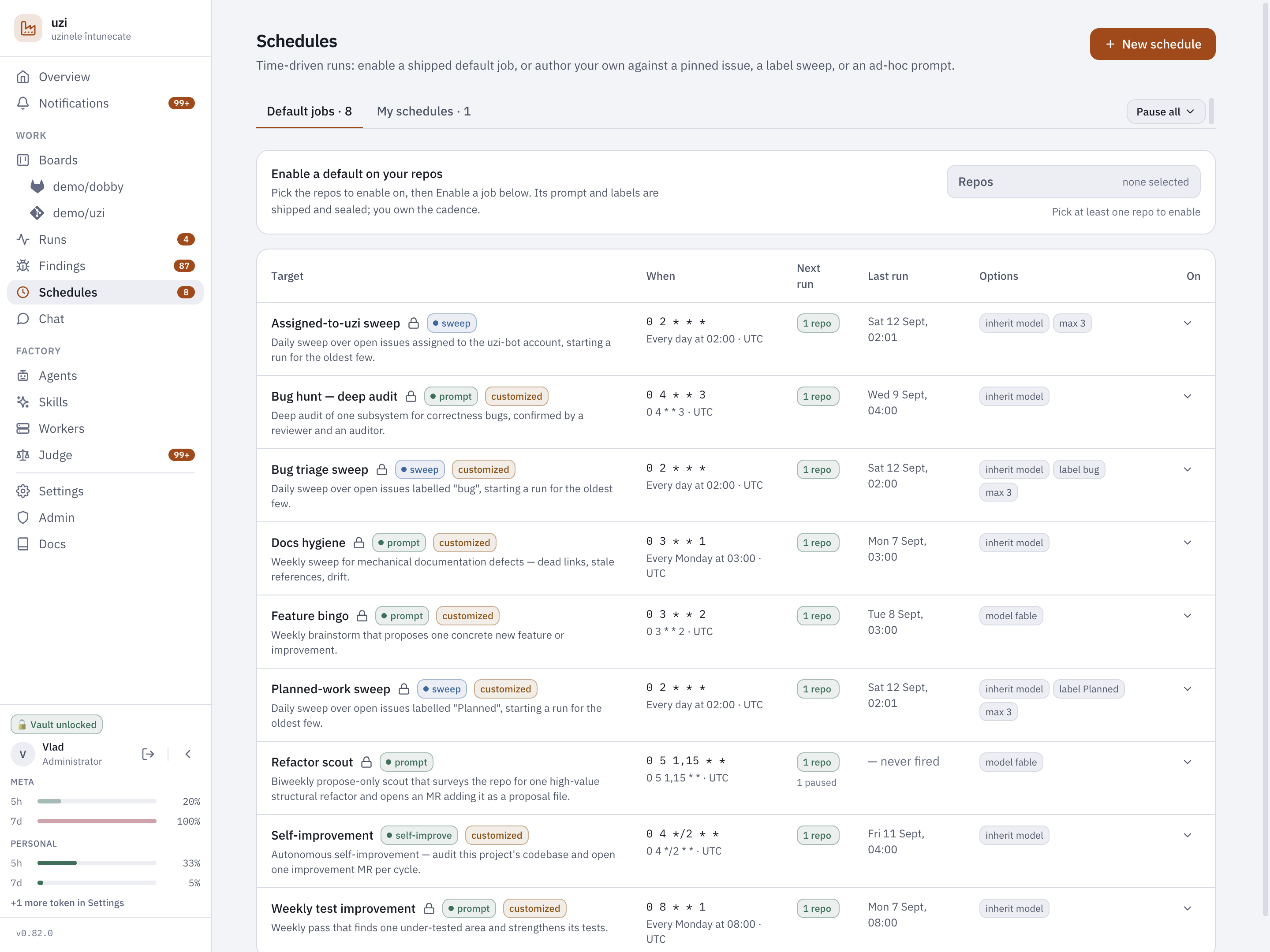 The schedules page, showing the standing automations including feature bingo