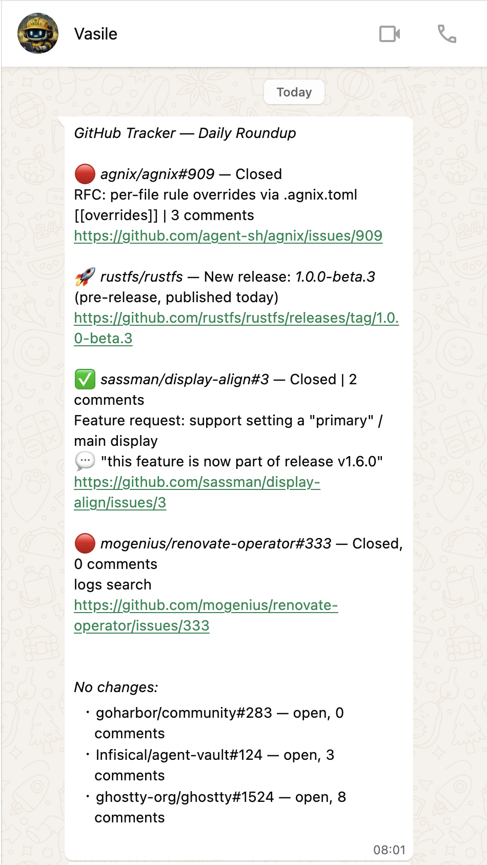 WhatsApp screenshot of Vasile's daily GitHub roundup: state changes on watched issues and releases, plus a 'no changes' list
